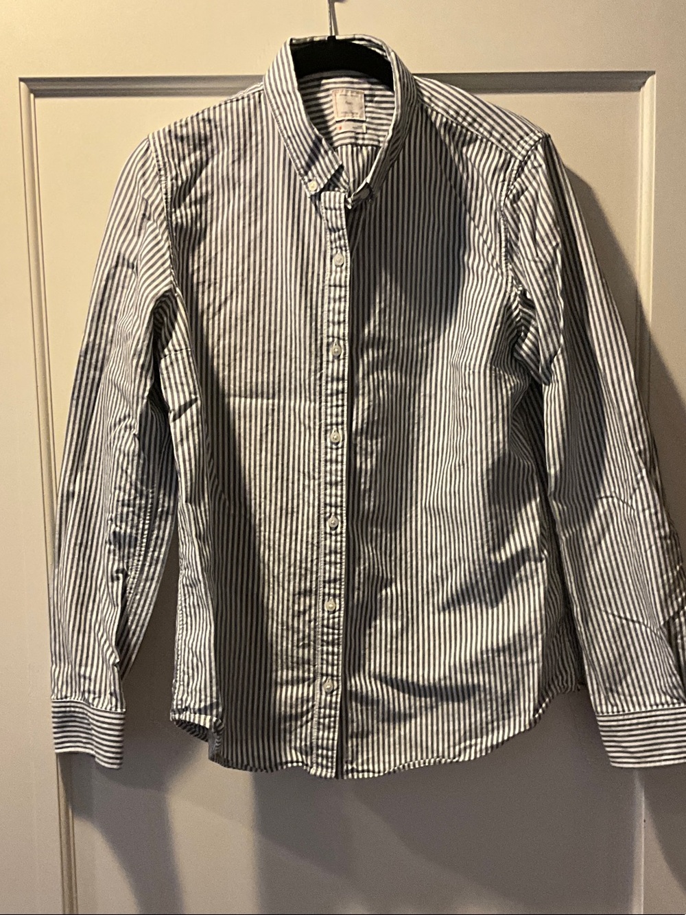 GAP Women's Navy and White Vertical Stripe Button-Down Shirt